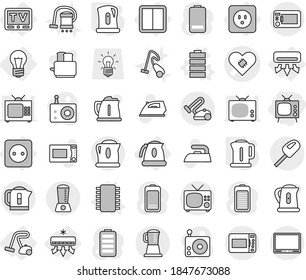 Editable thin line isolated vector icon set - tv, pacemaker vector, bulb, air conditioning, power socket, switch, kettle, vacuum cleaner, chip, battery, iron, toaster, microwave oven, radio, blender