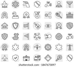 Editable thin line isolated vector icon set - medal, ambulance star vector, medical label, sign, university, train, tennis, shield, water tap, handle washing, protected, flammable, lighthouse, share