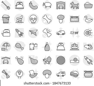 Editable thin line isolated vector icon set - chicken leg, head reflector vector, bone, skull, flower bed, insurance, rocket, deltaplane, aquapark, dog, satellite, kettle, sieve, sheep, shovel, car