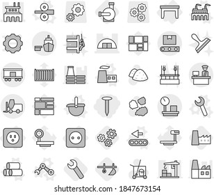 Editable thin line isolated vector icon set - nail, hangare, factory, port, customs control, fork loader, warehouse scales, railroad shipping, transporter tape, power socket, table, vector, ladle
