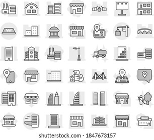 Editable thin line isolated vector icon set - shop, store, bridge, drawbridge, houses, goverment house, skyscrapers, skyscraper, modern architecture, modular, building, district, outdoor light, taxi