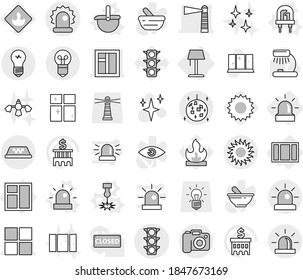 Editable thin line isolated vector icon set - lighthouse, window, traffic light, alarm, taxi, sun, disco ball, camera, floor lamp, led vector, ladle, laser, siren, shining, clean, table, flammable
