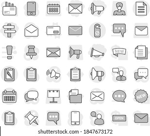 Editable thin line isolated vector icon set - megafon, loudspeaker, singlepost, mail, calendar, clipboard pen, document, do not distrub, envelope vector, billboard, woman, message, mobile phone, new