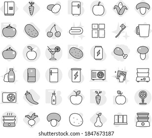 Editable thin line isolated vector icon set - chicken leg, apple vector, cocktail, fridge, cup, vegetable oil, potato, tomato, carrot, hot pepper, cherry, mushroom, corn, pear, beet, shining window