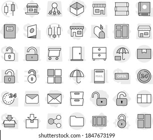 Editable thin line isolated vector icon set - unlock, shop, box, mail, copybook, window, door, package, documents, insurance, unlocked, vector, book, archive, japanese candle, office, umbrella, open