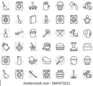 Editable thin line isolated vector icon set - iron board, washing machine, bucket, vacuum cleaner, plate, rag, broom vector, mop, sponge, car fetlock, steaming, washer, powder, cleaning agent, brush