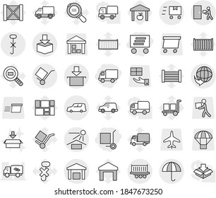 Editable thin line isolated vector icon set - delivery, cargo stoller, truck shipping, car, trolley, dry, sun potection, do not hook sign, courier, warehouse, package, fast deliver, wood box, no