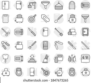 Editable thin line isolated vector icon set - scales weight, funnel, tools, tooth implant vector, surgical clamp, loading, crane, fridge, toaster, pan, magnetic field, press, pipes, big spoon, fork