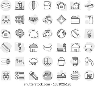 Editable thin line isolated vector icon set - cart, pencil, pill vector, home, mansion, church, pool, water tap, surveillance camera, vacuum cleaner, plate washing, shield, handle scales, watering