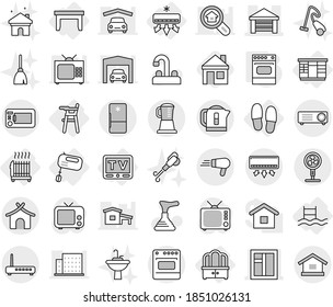 Editable thin line isolated vector icon set - garage, window, bungalow, table, wardrobe, dresser, Chair for babies, tv, radiator, air conditioning, mixer, slippers, pool, oven, house, plunger vector