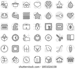 Editable Thin Line Isolated Vector Icon Set - Health Care Vector, 3d, Building Helmet, Clock, Key, Flower In Window, Drop, Blocks, On Off Button, Pig, Sun, Hand, Towel, Ladle, Book, Magnet, Leaf