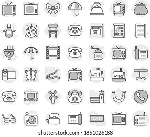 Editable thin line isolated vector icon set - bow, purse, phone, tv, church, disco ball, table, chair, plug vector, walnut crack, hand mill, windmill, horseshoe, washboard, apron, kettle, glasses