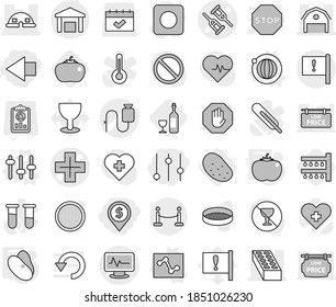 Editable thin line isolated vector icon set - dollar pin, left arrow, equalizer, crutch vector, monitor pulse, dropper, cross, brick, barn, dome house, important flag, warehouse, vip fence, orbit