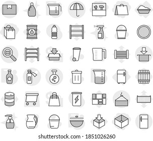 Editable thin line isolated vector icon set - shopping bag, box, tools, potion bottle vector, loading crane, package, dry cargo, chemical, search, washing, fridge, cauldron, measuring cup, ketchup