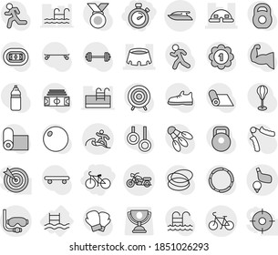Editable thin line isolated vector icon set - stopwatch, bike, dome house, stadium, motorcycle, diving mask, surfer, golf, yacht, pool, barbell vector, weight, hand trainer, punching bag, fitball