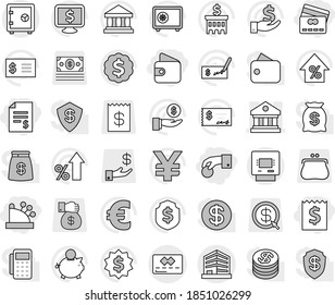 Editable thin line isolated vector icon set - hand coin, receipt, account balance, wallet, credit card, cashbox, library, office, atm, safe, bank vector, percent growth, piggy, investment, check