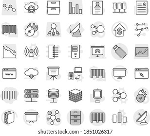 Editable thin line isolated vector icon set - bar code, archive vector, presentation, satellite antenna, share, data transfer, chart, personal information, dollar growth, binder, board, graph, big