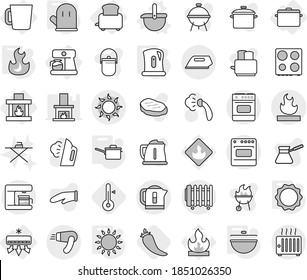 Editable thin line isolated vector icon set - flammable, sun, air conditioning, coffee maker, toaster, pan, cup, fireplace, ladle vector, cauldron, saute, kettle, cook glove, gas oven, induction