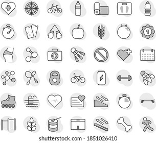 Editable thin line isolated vector icon set - diet vector, barbell, scales, heart pulse, stopwatch, bike, weight, jump rope, horizontal bar, fitball, buttocks, boxing glove, shorts, roller Skates