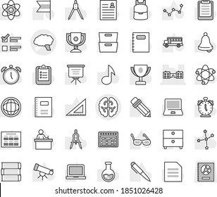 Editable thin line isolated vector icon set - brain vector, school, book, copybook, pencil, corner ruler, drawing compass, glasses, student, backpack, atom, pen, telescope, bell, notebook pc, bus