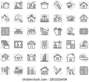 Editable thin line isolated vector icon set - store, greate wall, project, home, mansion, skyscraper, minaret, modern architecture, window, block, brick, city, repair, tower crane, architector, barn