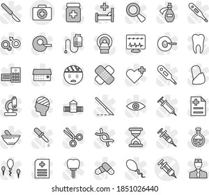 Editable thin line isolated vector icon set - syringe vector, doctor case, school building, heart cross, thermometer, flask, eye, gender sign, dna, magnifier, insemination, dropper, scissors, patch