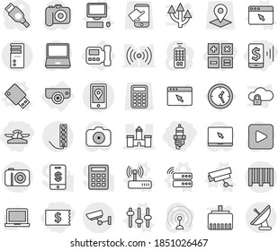 Editable thin line isolated vector icon set - receipt, mobile pay, scales, calculator, spark plug, castle, location, bar code, surveillance, intercome, camera, server vector, computer, setup, router