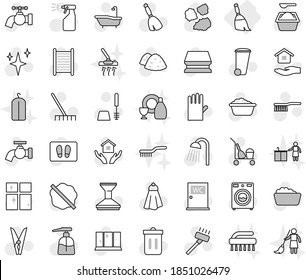 Editable thin line isolated vector icon set - broom, cleaner trolley vector, vacuum, fetlock, rake, clothespin, sponge, towel, trash bin, water tap, car, shining, splotch, welcome mat, bath, washer