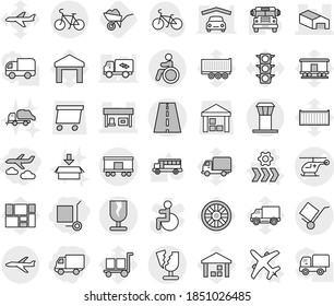 Editable thin line isolated vector icon set - delivery, cargo stoller, journey, ambulance helicopter vector, warehouse, gas station, road, fragile, trolley, railroad shipping, broken, plane, bike