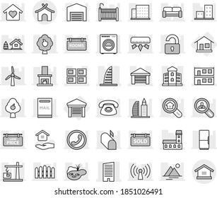 Editable thin line isolated vector icon set - mansion, skyscraper, garage, modular house, panel, building, bungalow, home, hold vector, chalet, pond, mailbox, windmill, fruit tree, mountain, barn