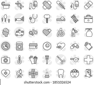 Editable thin line isolated vector icon set - medical cross vector, pregnancy, hospital bed, ambulance car, surgical clamp, liquid soap, rubber glove, gloves, heart, first aid kit, doctor bag, pulse