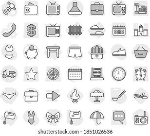 Editable thin line isolated vector icon set - bow, remove from basket, underpants, castle, scooter shipping, restaurant, dresser, stool, radiator, mixer, slippers, phone vector, ladle, scissors, tv