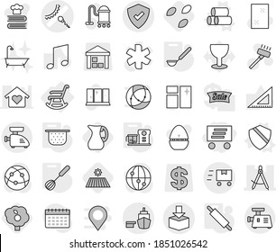 Editable thin line isolated vector icon set - delivery, sperm vector, draw compass, port, package, protected, fast deliver, rocking chair, pipes, shield, colander, whisk, ladle, rolling pin, seeds