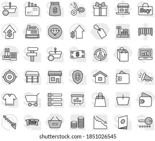 Editable thin line isolated vector icon set - wallet, remove from basket, store, shopping bag, label, cashbox, shop, laptop graph vector, crisis, dollar growth, target, office, barcode, audience