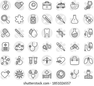 Editable thin line isolated vector icon set - doctor bag vector, medical thermometer, label, stethoscope, pills bottle, ambulance car, flask, virus, tooth, kidneys, lungs, sign, chemical, hospital