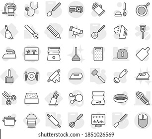 Editable thin line isolated vector icon set - pencil, tools, measuring tape, cafe, broom, scoop, stands for knives, whisk, skimmer, spatula, big spoon, rolling pin, meat hammer, bucket, iron, pan