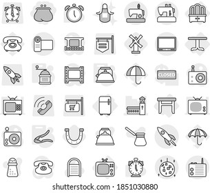 Editable thin line isolated vector icon set - purse, church, rocket, disco ball, table, dresser, stool, tv, fridge, kettle, walnut crack, hand mill, horseshoe, windmill, washboard vector, apron