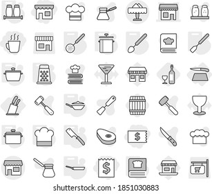 Editable thin line isolated vector icon set - receipt, shop, hot drink, restaurant, cutting board, stands for knives, pan, cook hat, skimmer, spatula, big spoon, chef knife, cooking book, grater