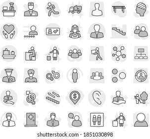Editable thin line isolated vector icon set - wc, dollar pin, ear vector, health care, stairs, client, customs control, security man, check in, baggage checking, garden cleaning, garbage bin, group
