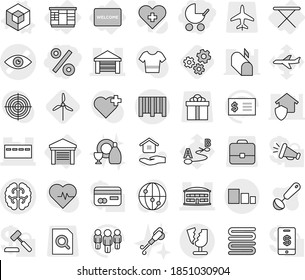 Editable thin line isolated vector icon set - percent, baby stroller, eye vector, brain, airport building, bunker, garage, sorting, bar code, broken, wardrobe, iron board, welcome mat, 3d, gears