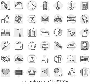 Editable thin line isolated vector icon set - scales, bone vector, pencil, repair, outdoor light, motorcycle, signpost, iron, stands for knives, kettle, thermometer, farm fence, steaming, trash, pen