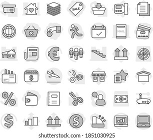 Editable thin line isolated vector icon set - hand coin, dollar, wallet, delete cart, credit card, sale label, house with garage, stairs, terms, arrival, intercome, copybook vector, scissors, world