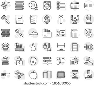Editable thin line isolated vector icon set - fetlock vector, washer, toilet paper, oil, towel, meat hammer, grater, double boiler, cookbook, copybook, calculator, notebook pc, award cup, exam, diet