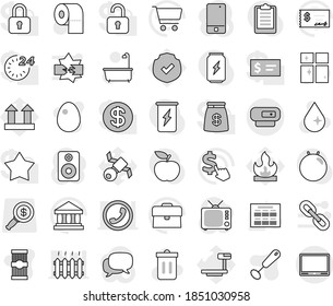 Editable thin line isolated vector icon set - trash bin vector, water drop, bath, shining window, toilet paper, whisk, egg, pasta, schedule, bank, cart, case, check, dollar cursor, diet, clipboard