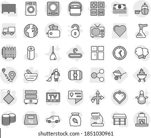 Editable thin line isolated vector icon set - calculator, location details, route, port, heavy, heart pendant, hanger, bbq, rag, double boiler, wheelbarrow, plunger vector, washer, shining window