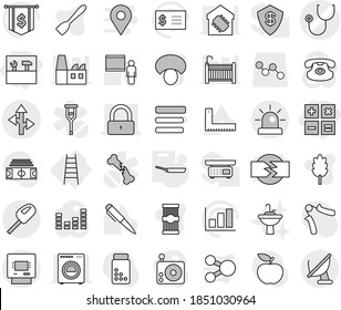 Editable thin line isolated vector icon set - calculator, tools, stethoscope vector, lock, route, atm, stairs, pan, water tap sink, spatula, cereal, pasta, mushroom, blackboard, corner ruler, pen