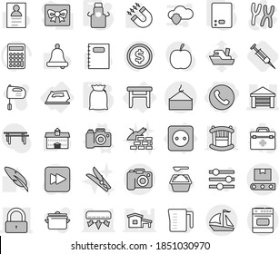 Editable thin line isolated vector icon set - phone, garage, lock, loading crane, transporter tape, sail boat, camera, power socket, stool, iron, vector, kitchen scales, apron, flour, syringe, pan