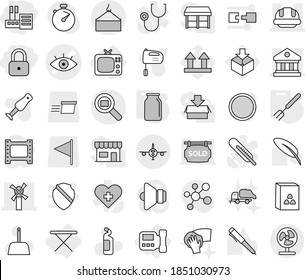 Editable thin line isolated vector icon set - lock, store, eye vector, library, windmill, building helmet, loading crane, cargo search, plane, intercome, tv, iron board, big fork, bank, scoop, mixer