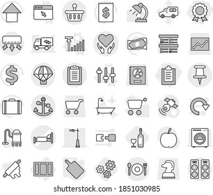 Editable thin line isolated vector icon set - clipboard, medal, hospital bed vector, health care, outdoor light, pin, parachute delivery, basket, anchor, cafe, window, setup, browser, antenna signal