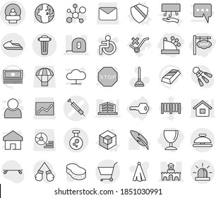 Editable Thin Line Isolated Vector Icon Set - Cashbox, Shop Signboard, Wineglass, Tomography Vector, Syringe, Fort, Measuring Tape, Chemical, Cart, Jet Ski, Service Bell, Key, Shield, 3d, Plunger